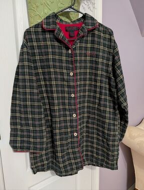 Vintage Ralph Lauren Plaid Button-Up Pajama Top - Green with Red Piping